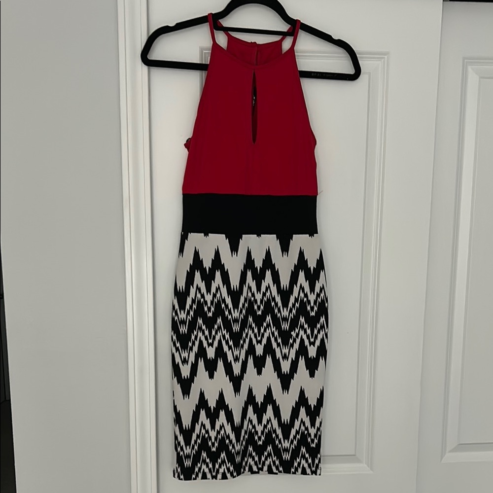 Papaya Red and Black Sheath Midi Dress Halter Sleeveless